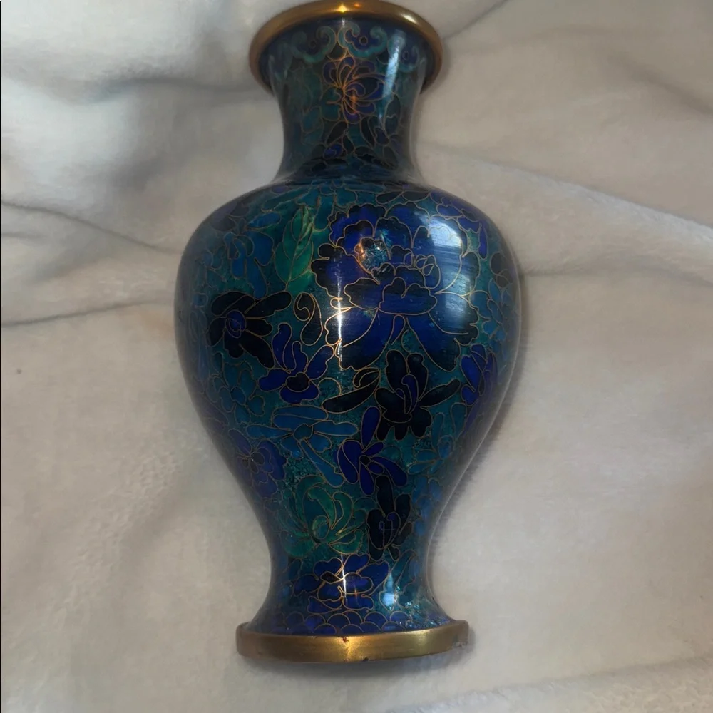 Vintage Chinese Cloisonne Vase Blue Floral Enamel Brass Accents 8 Inch Decor